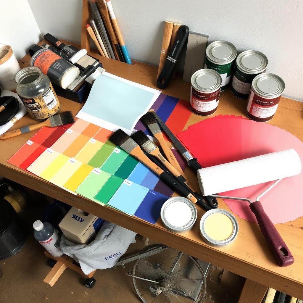 Professional painting supplies and color swatches